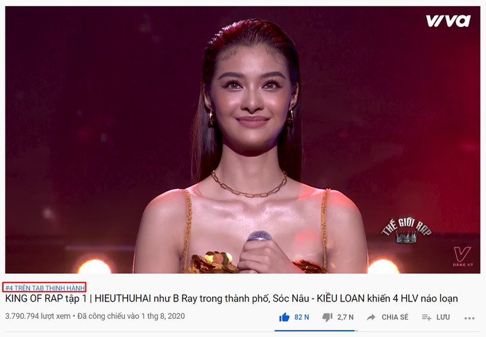 Ở 'mặt trận' Youtube, tập phát sóng đầu tiên của King Of Rap 2020 đạt hơn 3.7 triệu lượt xem và nằm trong Top 4 thịnh hành.