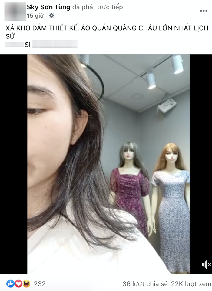 Trang Facebook tick xanh có tên Sky Sơn Tùng, đăng tải video livestream bán áo đầm online.