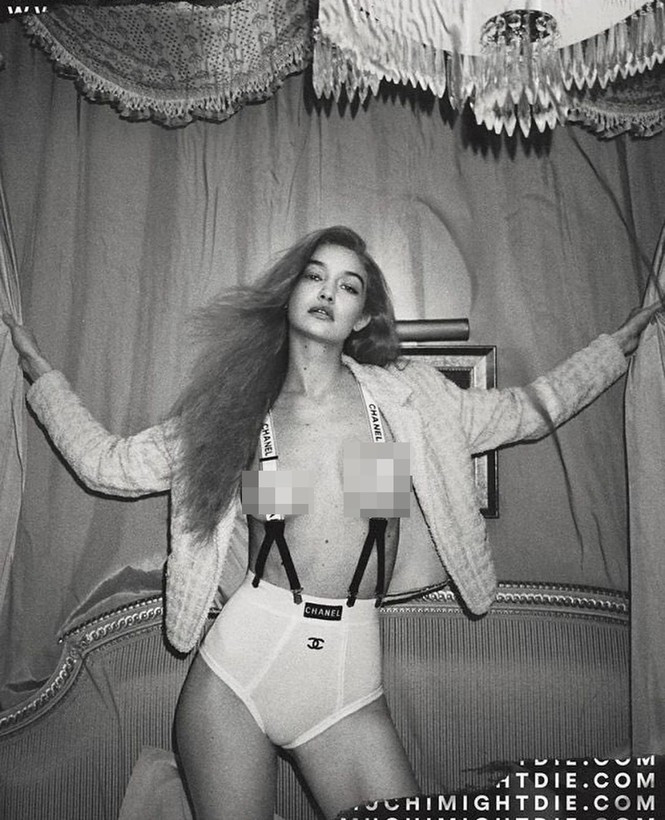 Gigi Hadid  mặc quần lót body cạp cao  kèm dây áo kẹp haii bên ngực vô cùng táo bạo