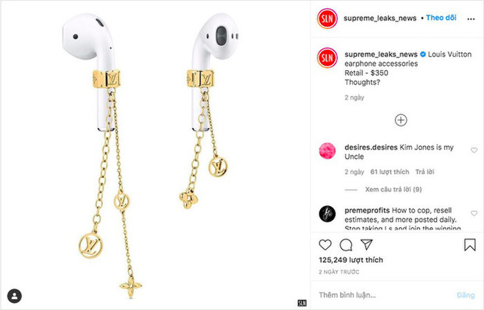Đôi bông tai màu vàng sang chảnh, hình dáng và kích thước giống như khuyên tai, trên thân in chìm logo đặc trưng của nhà mốt Pháp gắn liền với airpods thu hút sự quan tâm của giới mộ điệu cách đây không lâu