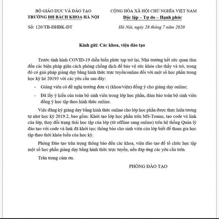 Thông báo của đại học bách khoa Hà Nội