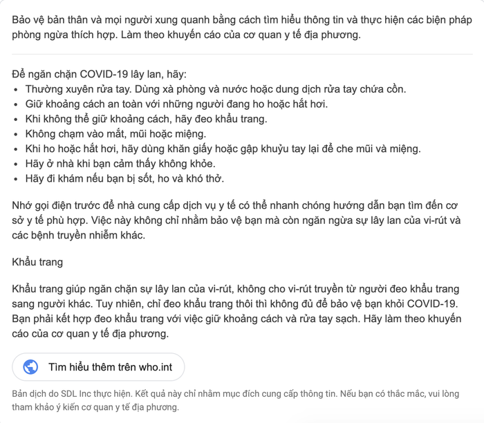 Google cũng cung cấp thông tin phòng chống COVID-19 hiệu quả đến người dùng.
