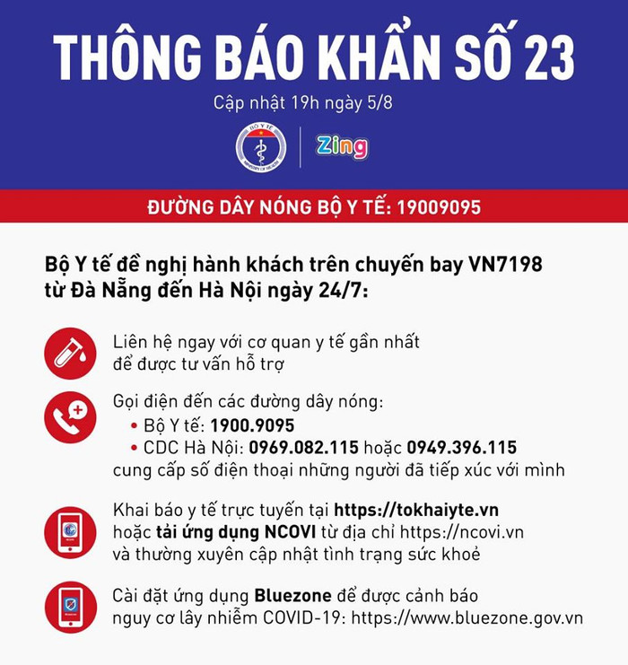Thông báo khẩn của Bộ Y tế thông báo những ai có mặt trên chuyến bay &nbsp;VN7198, khởi hành lúc 21h ngày 24/7 cần khai báo ngay cơ sở y tế.