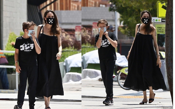 Angelina Jolie diện váy maxi đằm thắm, đeo khẩu trang cool ngầu dạo phố cùng con trai Knox Ảnh 2