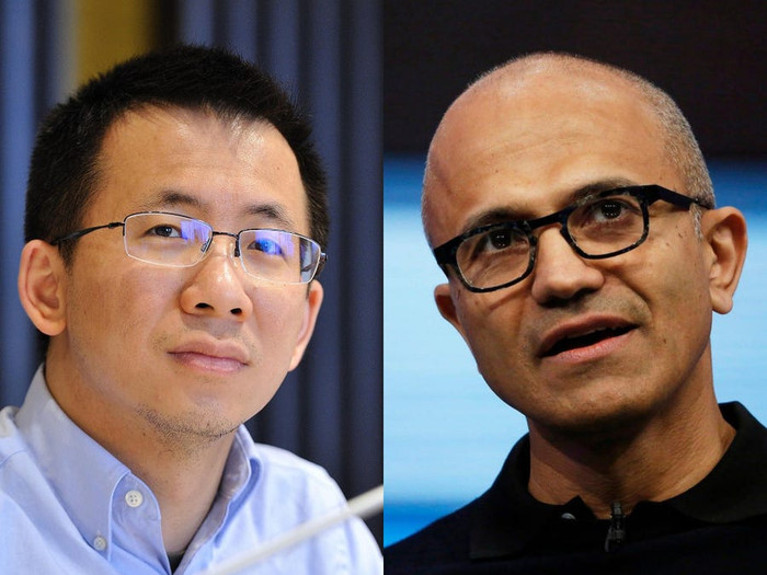 ByteDance CEO Zhang Yiming, trái, và &nbsp;Microsoft CEO Satya Nadella. Ảnh: Getty