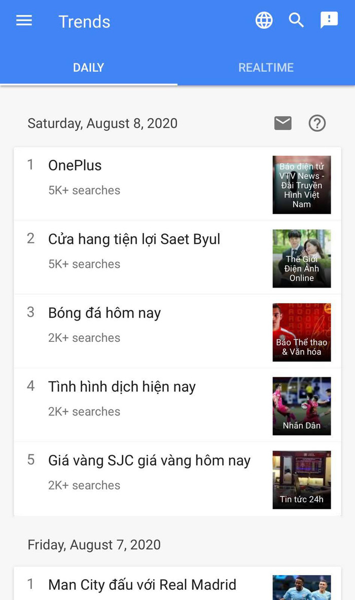 OnePlus là một trong những từ khoá được tìm kiếm nhiều nhất trên Google Việt Nam hôm 8/8. Ảnh chụp màn hình