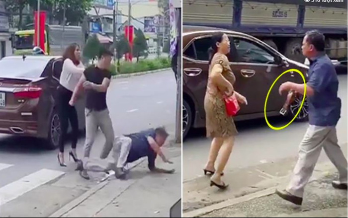 Bị nam thanh niên đánh ngã trên đường, người đàn ông cầm thắt lưng da quật vào ô tô Ảnh 2