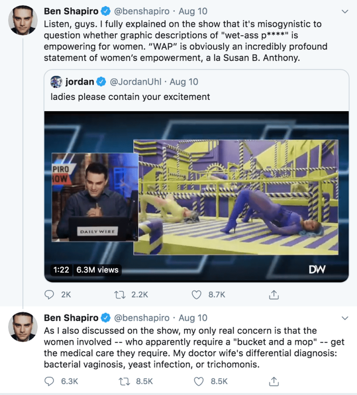 Ben Shapiro - một nhà bình phẩm nổi tiếng tại Hoa Kì, đã chia sẻ quan điểm của mình về WAP không bao lâu sau khi sản phẩm ra mắt.