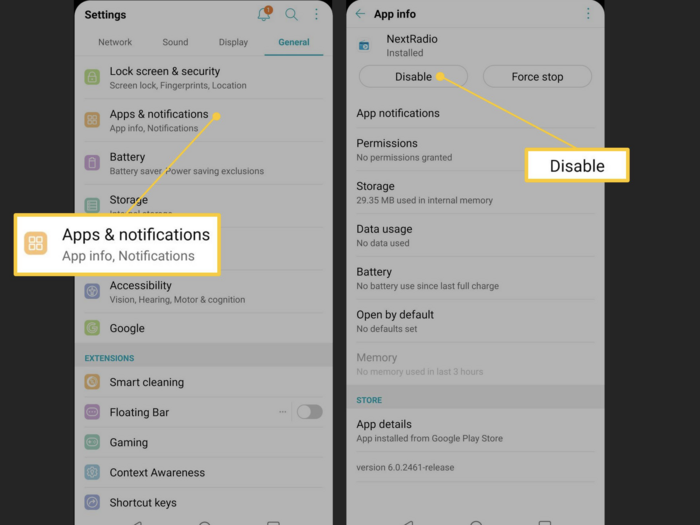 Người dùng Android hãy vào Settings (cài đặt) > Apps (ứng dụng), tìm đến các ứng dụng độc hại và chọn Uninstall (gỡ cài đặt). (Ảnh: Lifewire)