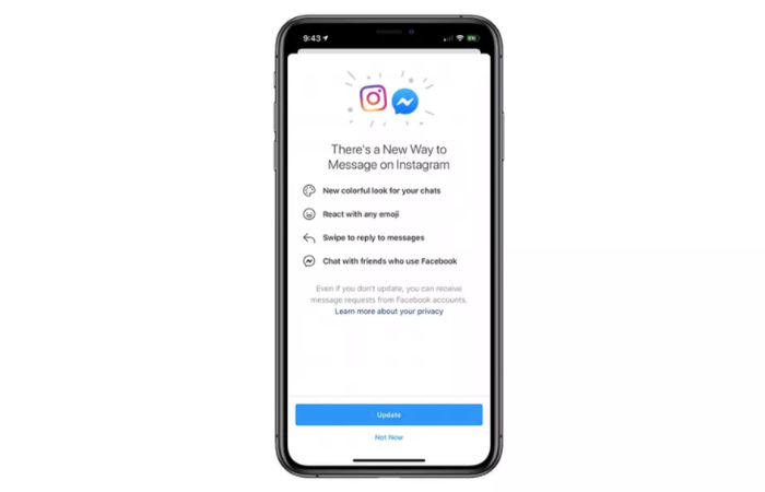 Màn hình thông báo cập nhật mới trên Instagram trong đó nhắc đến việc có thể nhắn tin cho người dùng Facebook từ đây. Ảnh: The Verge