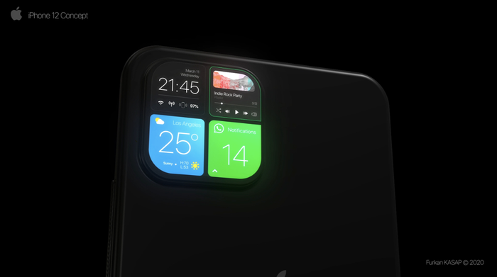 Cụm bốn camera sau đồng thời là bốn khung “cửa sổ” hiển thị một số thông tin trên iPhone. (Ảnh: Furkan Kasap/ Behance)
