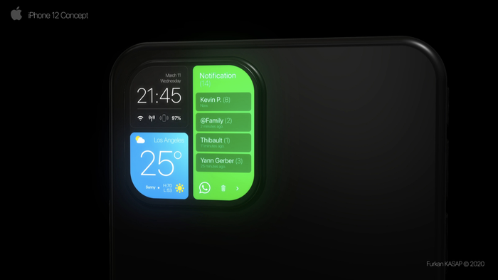 Ở hình ảnh này, tác giả hình dung màn hình thứ cấp của iPhone có thể hiện thị các thông tin nhanh như thông báo từ ứng dụng dụng, thời gian và thông tin dự báo thời tiết. (Ảnh: Furkan Kasap/ Behance)