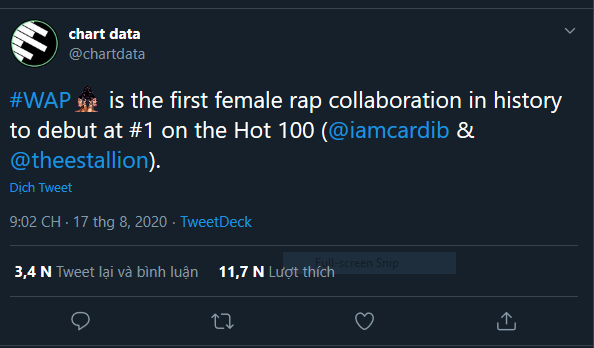 WAP là ca khúc hợp tác rap nữ đầu tiên trong lịch sử debut #1 trên Hot 100.