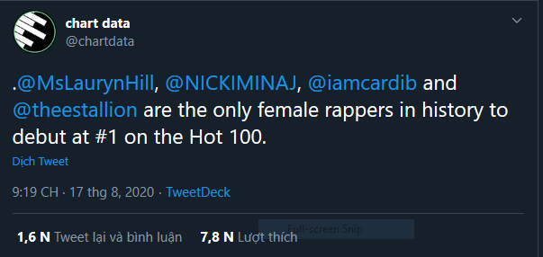 Lauryn Hill, Nicki Minaj, Cardi B và Megan Thee Stallion là những nữ rapper duy nhất trong lịch sử từng debut thẳng #1 trên bảng xếp hạng danh tiếng Hot 100.