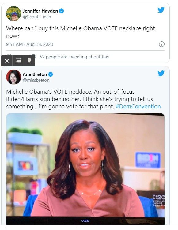 Rất nhiều khán giả trên twitter share lại hình cựu phu nhân Tổng thống Mỹ chỉ để mua dây chuyền VOTE có thiết kế đơn giản, tinh tế này