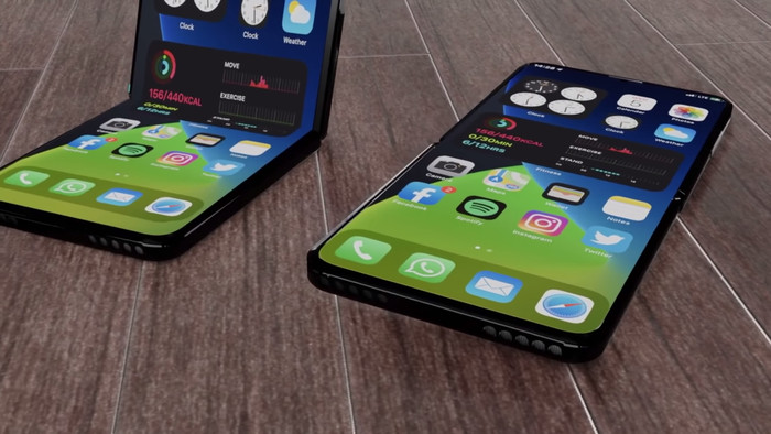 Chiếc iPhone 12 Flip cũng không hề có bất cứ nếp nhăn nào và đây là điều mà những chiếc smartphone màn hình gập hiện tại chưa thể nào làm được. Thông thường, một nếp gấp sẽ xuất hiện ở giữa nơi màn hình được gập lại với nhau. (Ảnh: ConceptsiPhone)