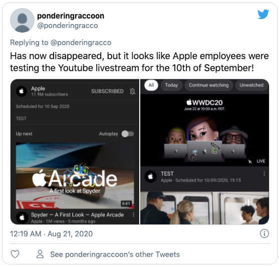 Một người dùng nhanh tay chụp ảnh màn hình phiên livestream được Apple thử nghiệm cho ngày 10/9 tới. Ảnh: Business Insider