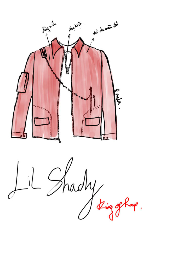 Bản sketch thiết kế riêng cho Lil Shady do stylist Panda vẽ và ghi chú cẩn thận từ dây xích, phụ kiện  