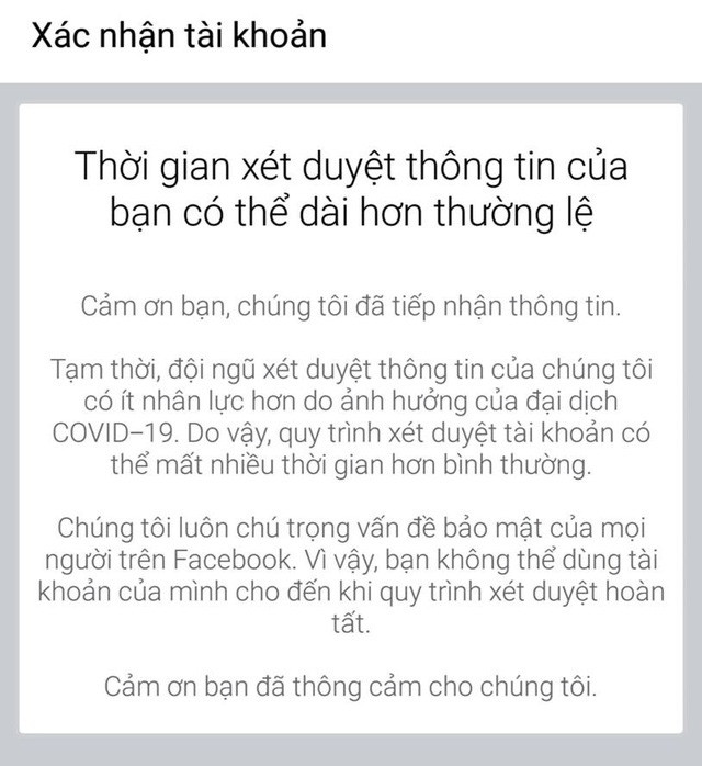 Một số người đã gửi kháng nghị cho Facebook nhưng do ảnh hưởng của dịch COVID-19, thời gian xét duyệt của mạng xã hội này có thể sẽ diễn ra lâu hơn. (Ảnh: Facebook)