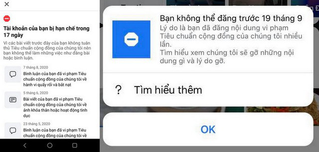 Nhiều người dùng Facebook tại Việt Nam thời gian gần đây cho biết tài khoản của họ đã bất ngờ nhận được thông báo bị khóa do 'vi phạm tiêu chuẩn cộng đồng'. (Ảnh: Facebook)