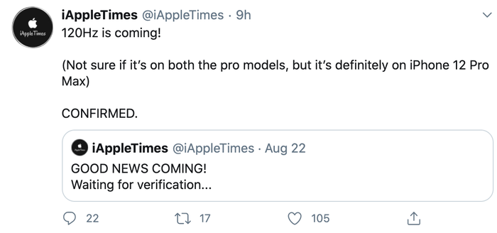 Nguồn tin của leaker iAppleTimes cho biết, thế hệ iPhone 12 sẽ trang bị màn hình với tần số quét 120 Hz. (Ảnh chụp màn hình)
