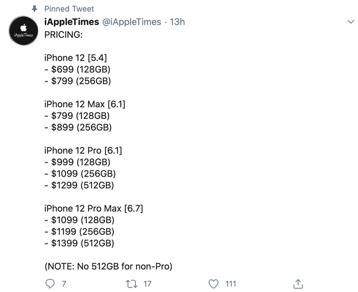 Theo tiết lộ của leaker iAppleTimes, dòng iPhone 12 rẻ nhất sẽ có giá khởi điểm từ 699 USD. (Ảnh chụp màn hình)
