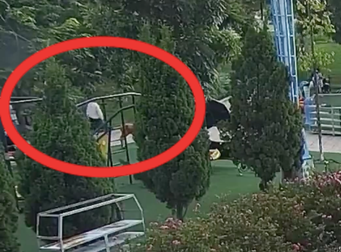 Thu dựng xe máy bên ngoài vào công viên dụ dỗ bé Gia Bảo rồi trở ra.