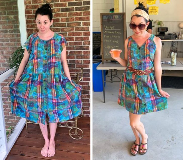 Chỉ cần cắt bỏ phần tay và đeo thắt lưng là Jillian Owens đã giấu nhẹm đi xuất thân hàng secondhand của chiếc váy gốc.  