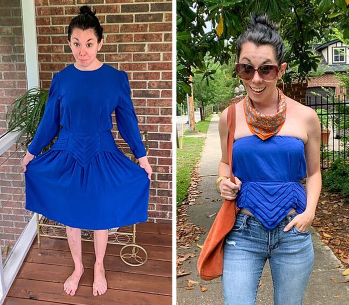 Mạnh mẽ cắt 2 phần 3 chiếc váy để có một chiếc áo quây hợp mốt. 