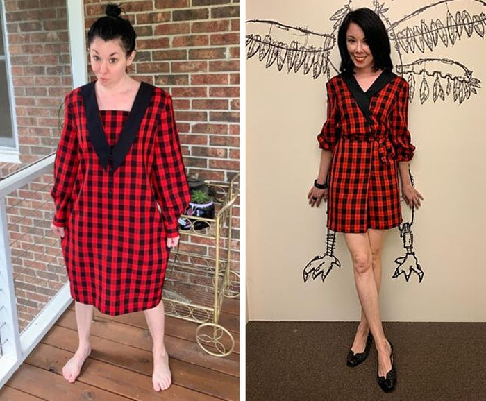 Rõ ràng chiếc váy này thuộc về một người phụ nữ có size gấp 3 lần Jillian Owens. Nhưng cô đã sửa lại cho phù hợp với cơ thể mình. Thêm một điểm cộng là phần cổ áo được may lại cực kỳ thanh lịch. 