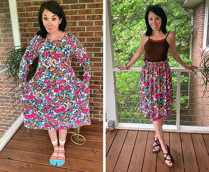 Bắt đầu là một chiếc váy có màu như ghế sô pha, kết thúc là một chiếc chân váy dễ thương. 