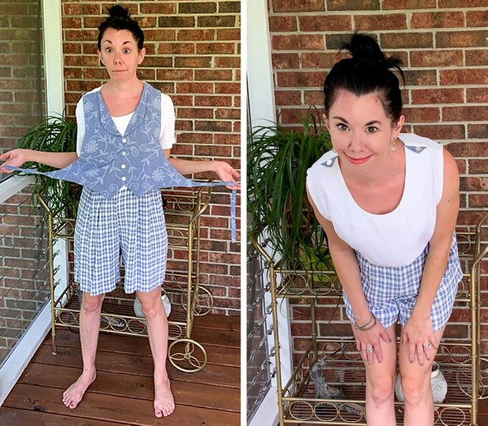 Chiếc áo ghi lê không cần thiết đã ‘bay màu’ sau vài nhát kéo. 