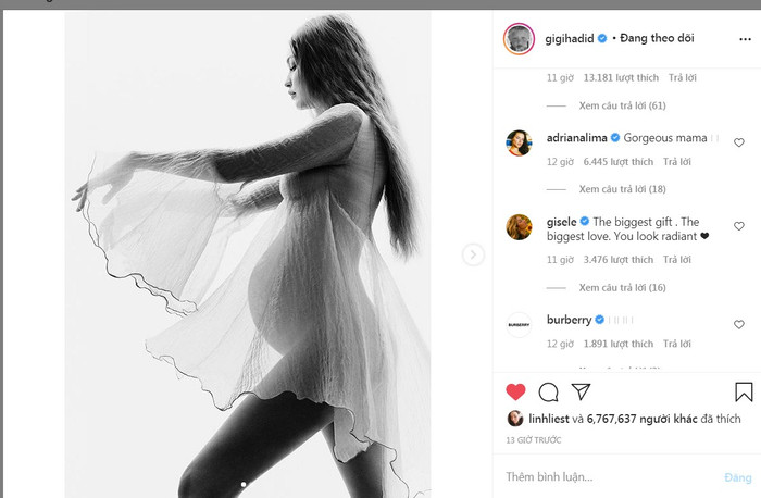 Các hình ảnh của Gigi Hadid thu hút hơn 6-7 triệu lượt thả tim và comments 