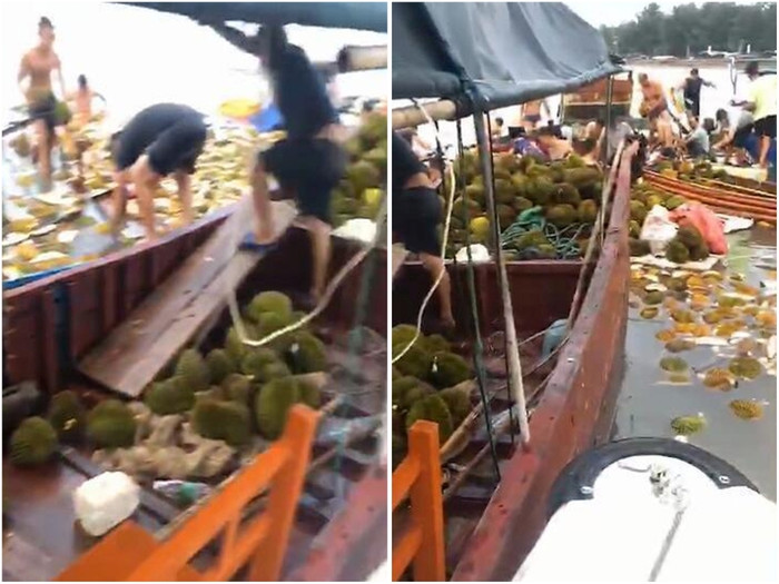 Người dân lao ra 'hôi của' khi thấy tàu chở sầu riêng bị lật.