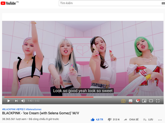 MV Ice Cream của BlackPink và Selena Gomez đã đạt hơn 38 triệu lượt xem, gần 5 triệu lượt thích sau 8 giờ phát hành. (Ảnh chụp màn hình)