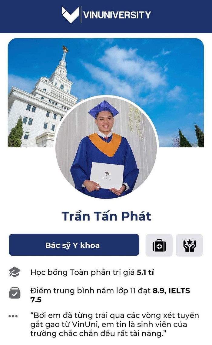 Trần Tấn Phát - Bác sỹ Y khoa - Học bổng toàn phần trị giá 5,1 tỉ đồng. Điểm trung bình năm lớp 11 đạt 8.9, IELTS 7.5