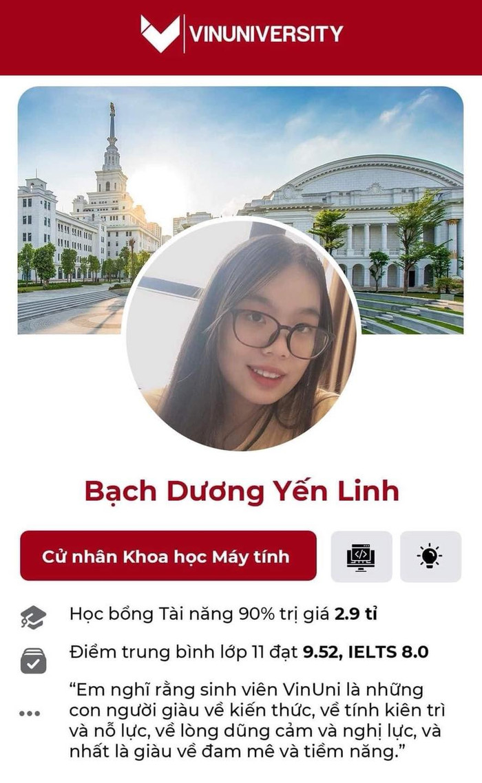 Bạch Dương Yến Linh - Cử nhân Khoa học Máy tính - Học bổng tài năng 90% trị giá 2,9 tỉ đồng. Điểm trung bình lớp 11 đạt 9.52, IELTS 8.0
