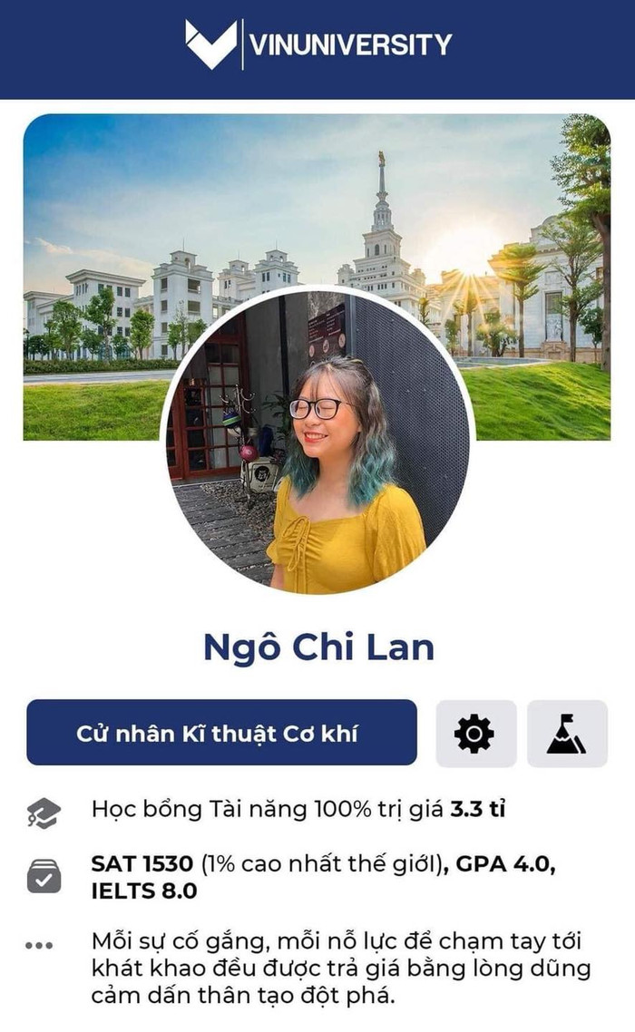 Ngô Chi Lan - Cử nhân Kĩ thuật Cơ khí - Học bổng tài năng 100% trị giá 3,3 tỉ đồng. SAT 1530 (1% cao nhất thế giới), GPA 4.0, IELTS 8.0