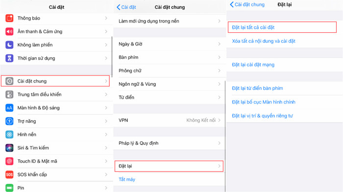 Để đặt lại tất cả cài đặt, bạn hãy truy cập Cài đặt > Cài đặt Chung > Đặt lại > Đặt lại tất cả cài đặt.