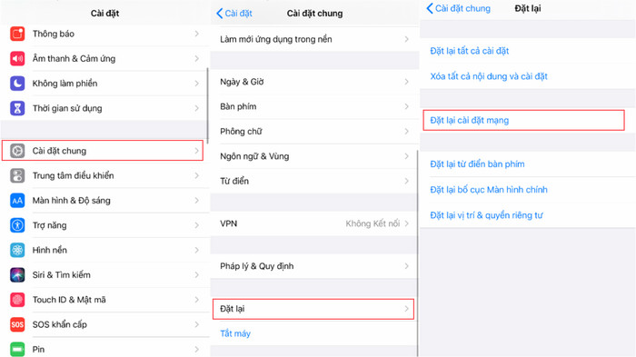 Để đặt lại 'Cài đặt mạng' bạn hãy truy cập Cài đặt > Cài đặt Chung > Đặt lại > Đặt lại Cài đặt Mạng.