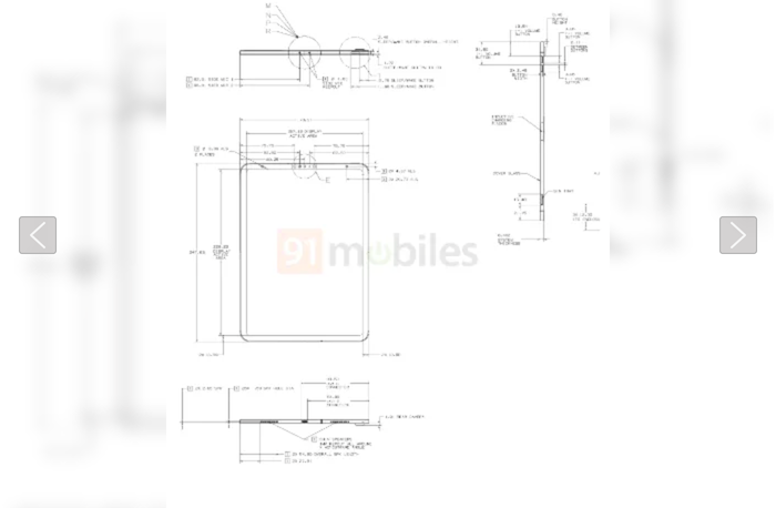 Dựa vào bản vẽ, có thể thấy camera selfie cũng như cảm biến Face ID đặt ở mép trên màn hình, cùng với hai cảm biến khác, trong khi nút nguồn được đặt ở trên cùng. (Ảnh: 91mobiles)