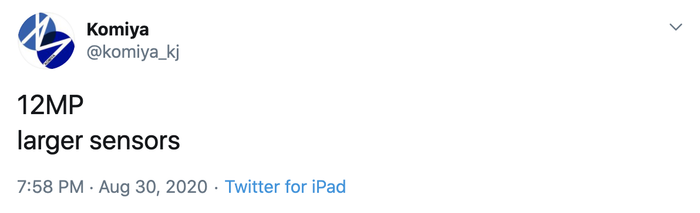 Nguồn tin rò rỉ mới đây từ leaker Komiya tiết lộ rằng, iPhone 12 sẽ chỉ trang bị camera 12MP như các thế hệ tiền nhiệm. (Ảnh chụp màn hình / Komiya Twitter)