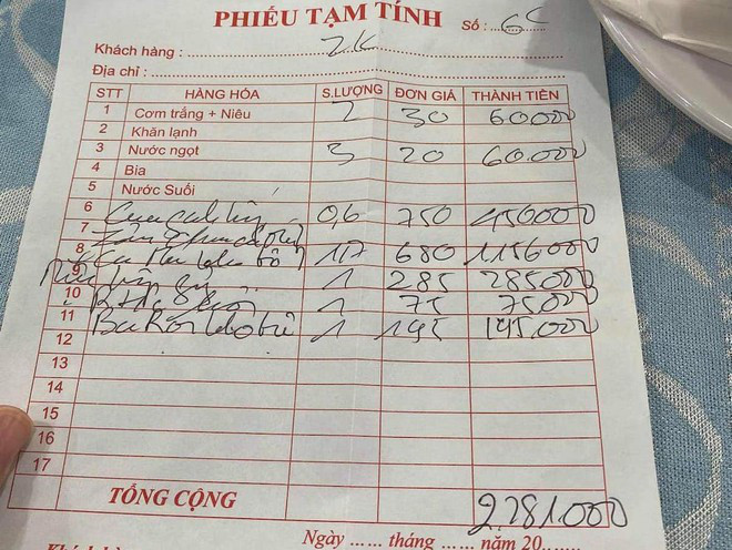 Hóa đơn 2 triệu 2 cho bữa cơm gia đình 3 người ăn khiến nhiều người 'khiếp vía'. Ảnh: Người lao động