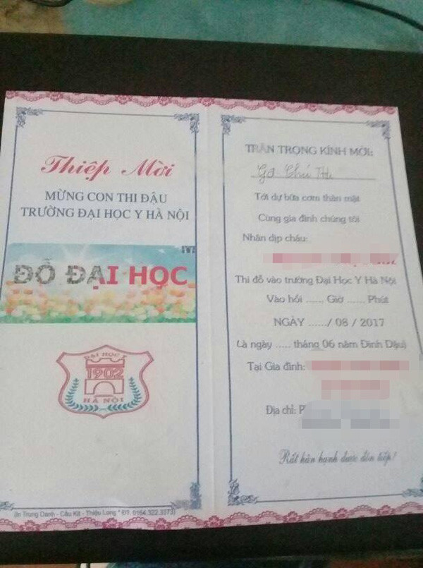 Tấm thiệp mời mời khách khứa đến dự tiệc nhân dịp con đậu Đại học Y Hà Nội