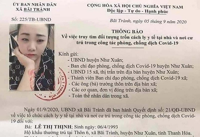 Thông báo truy tìm đối tượng trốn cách ly y tế đối với Lê Thị Thịnh