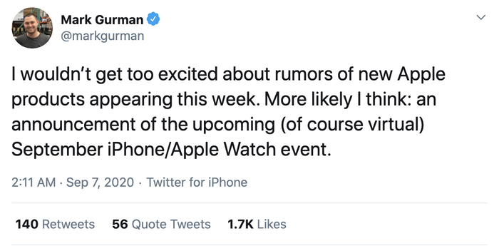 Theo nhà phân tích Mark Gurman của Bloomberg, Apple có thể 'bật mí' về ngày tổ chức sự kiện ra mắt loạt iPhone 12 mới của mình ngay trong tuần này. (Ảnh chụp màn hình)