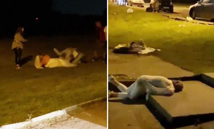 Cô dâu ẩu đả với khách mời, gần đó là một người phụ nữ nằm bất tỉnh trên sàn.&nbsp;