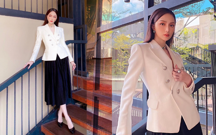 Đi nhận chức mới, Hương Giang lấn át Ngọc Trinh nhờ set đồ thời trang kinh điển Ảnh 2