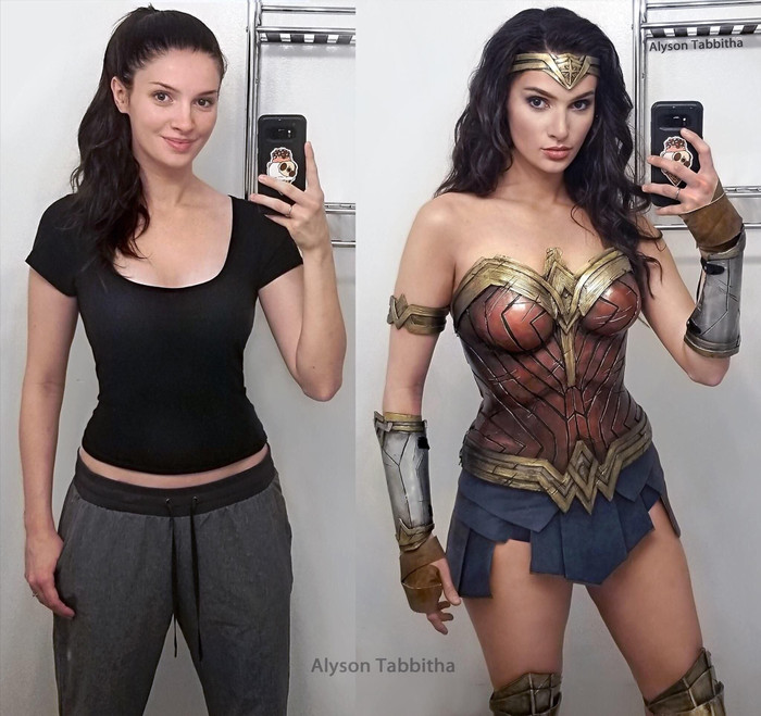 Alyson Tabbitha trước và sau khi hóa thân thành Chị Đại Wonder Woman
