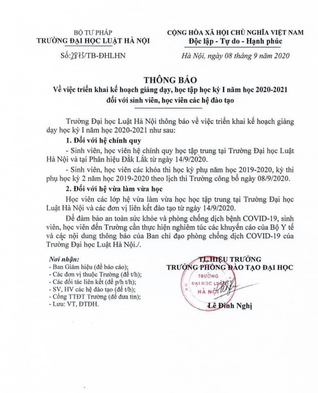 Thông báo của trường ĐH Luật Hà Nội